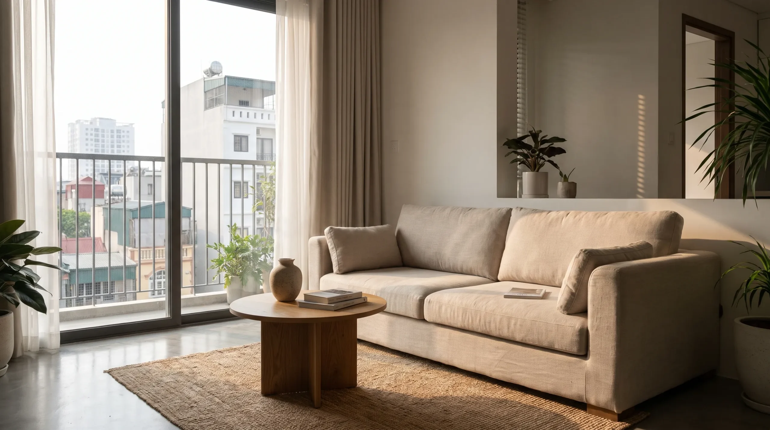 Phòng khách hiện đại với sofa bọc vải màu trung tính đặt cạnh cửa sổ sáng