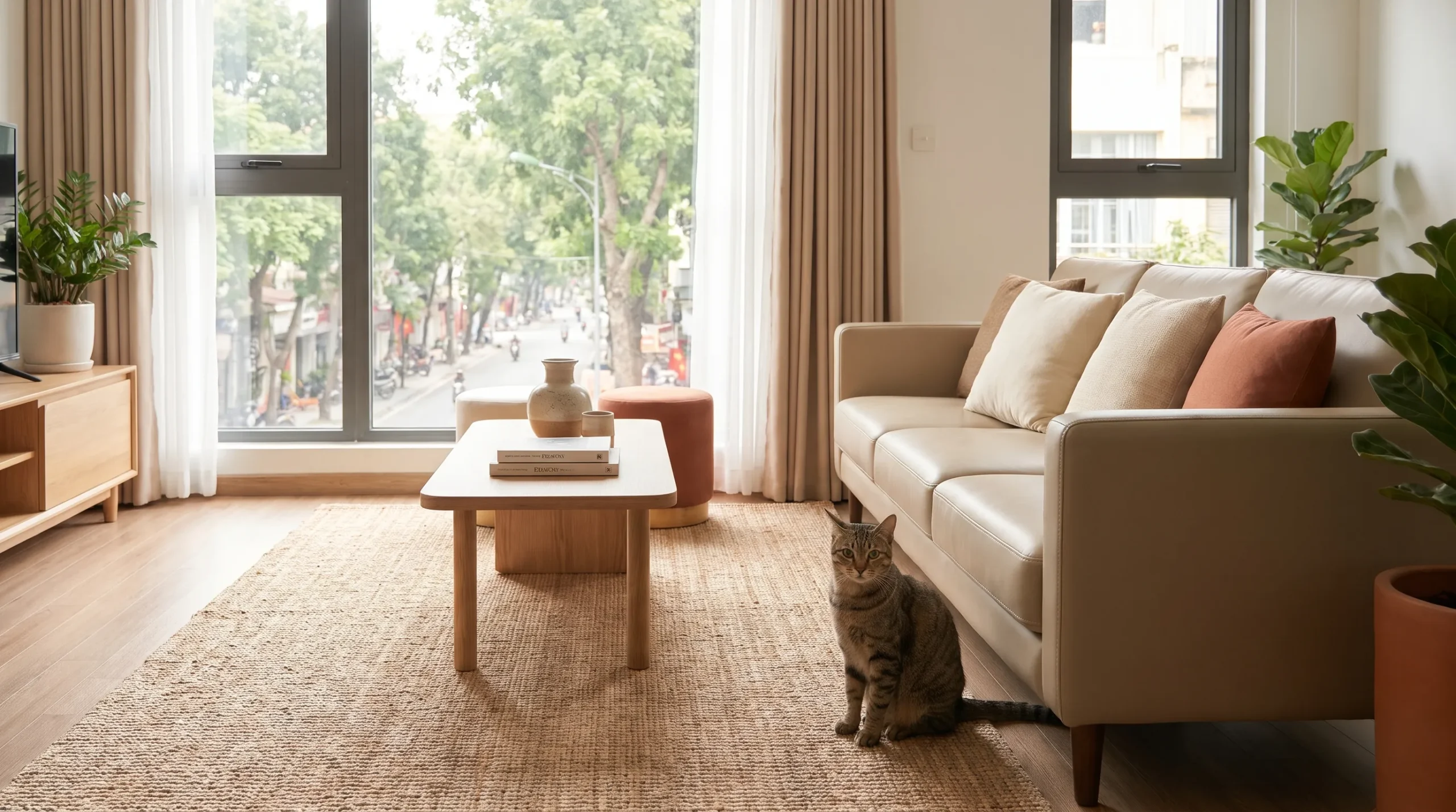 Mèo ngồi cạnh tay vịn sofa da trong phòng khách căn hộ