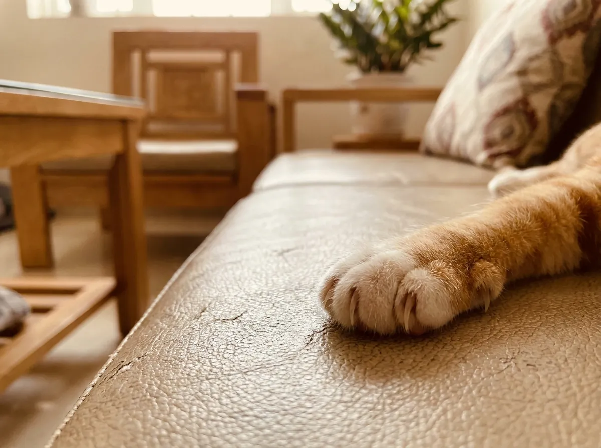Móng mèo đặt trên bề mặt da sofa trơn