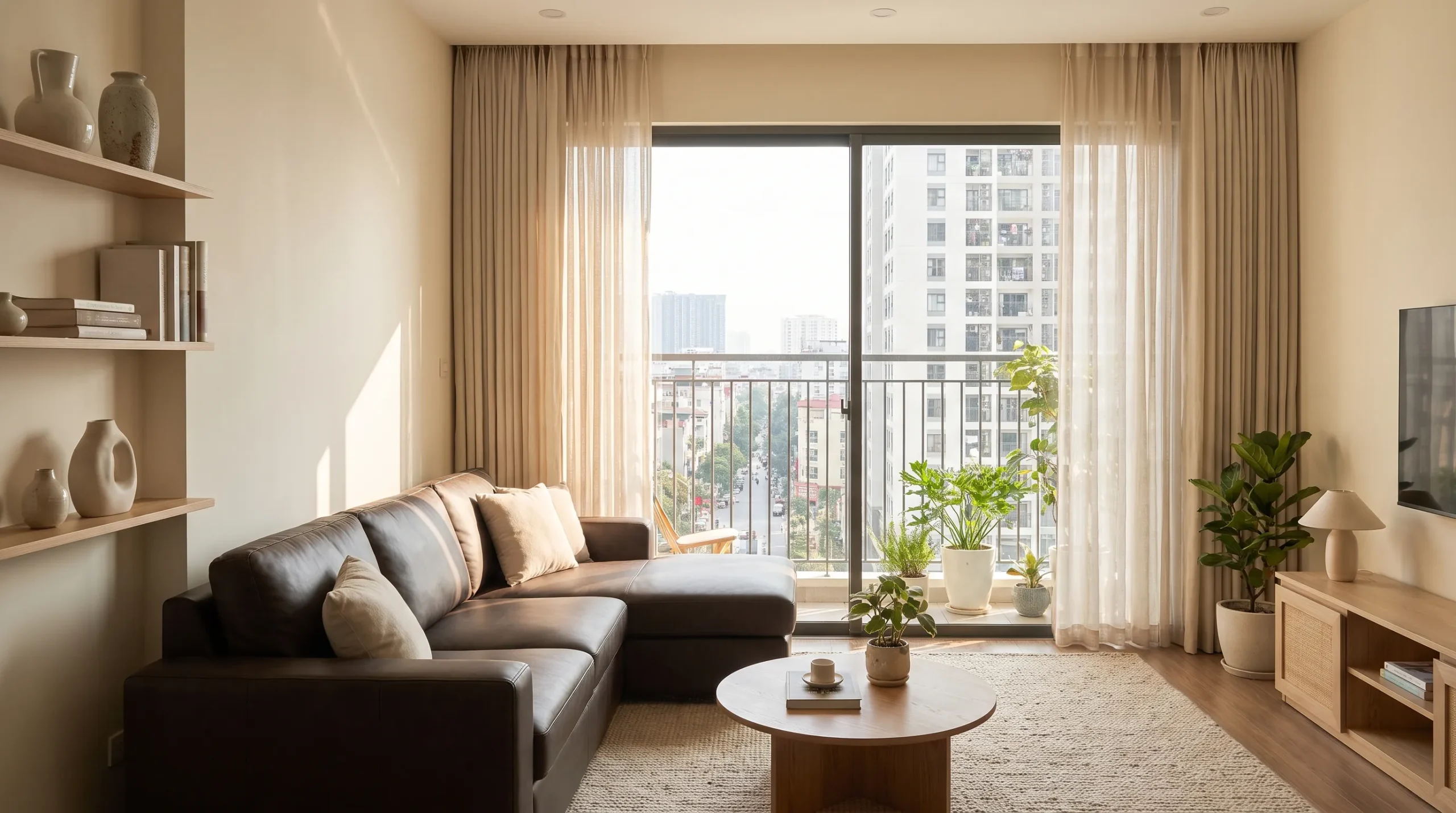 Phòng khách căn hộ với sofa bọc da công nghiệp màu nâu trầm trong ánh sáng ban ngày