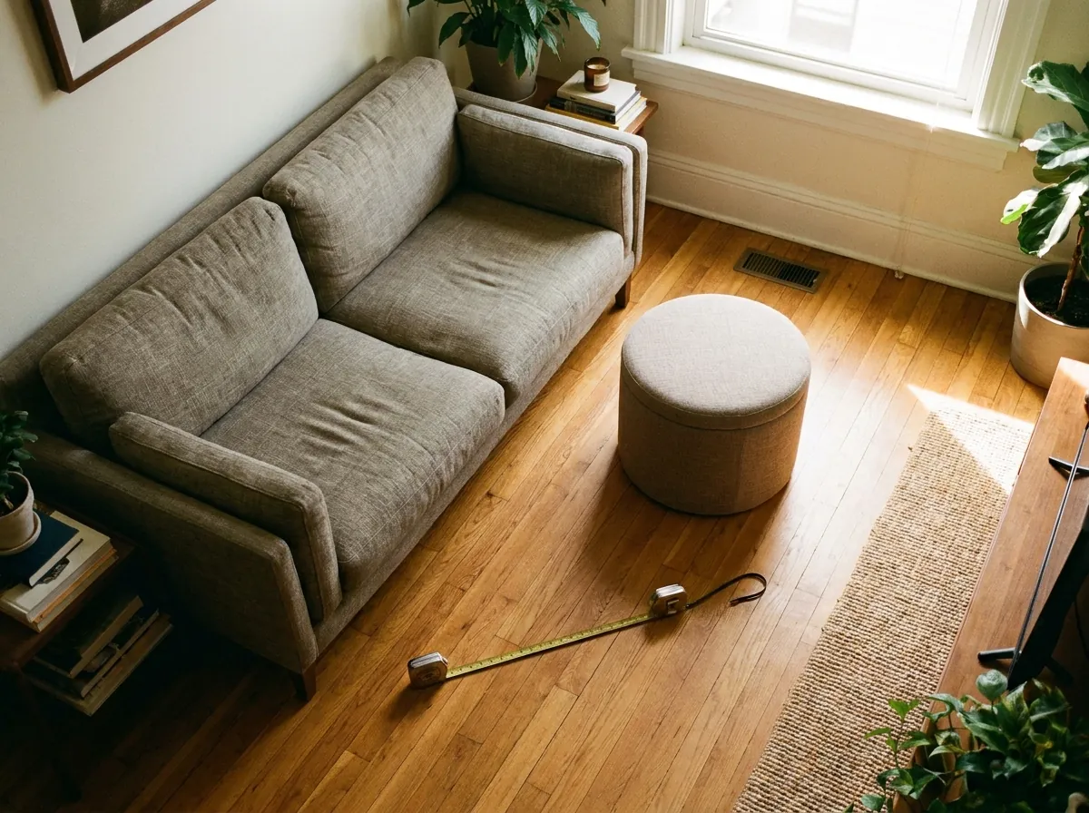 Đôn sofa đặt cách ghế một khoảng vừa tầm chân và chừa lối đi trong phòng khách nhỏ