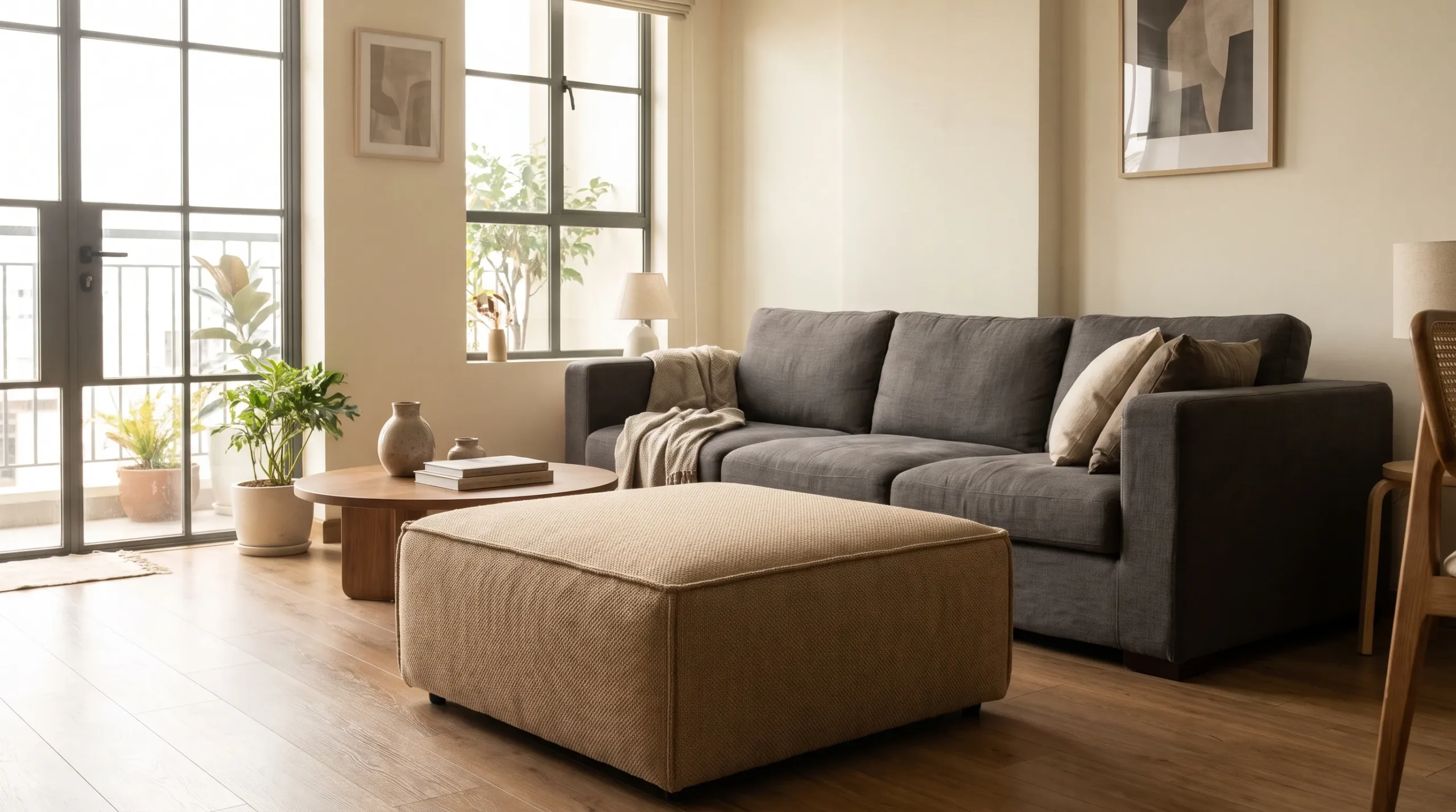 Đôn sofa vuông bọc vải đặt trước ghế sofa trong phòng khách căn hộ