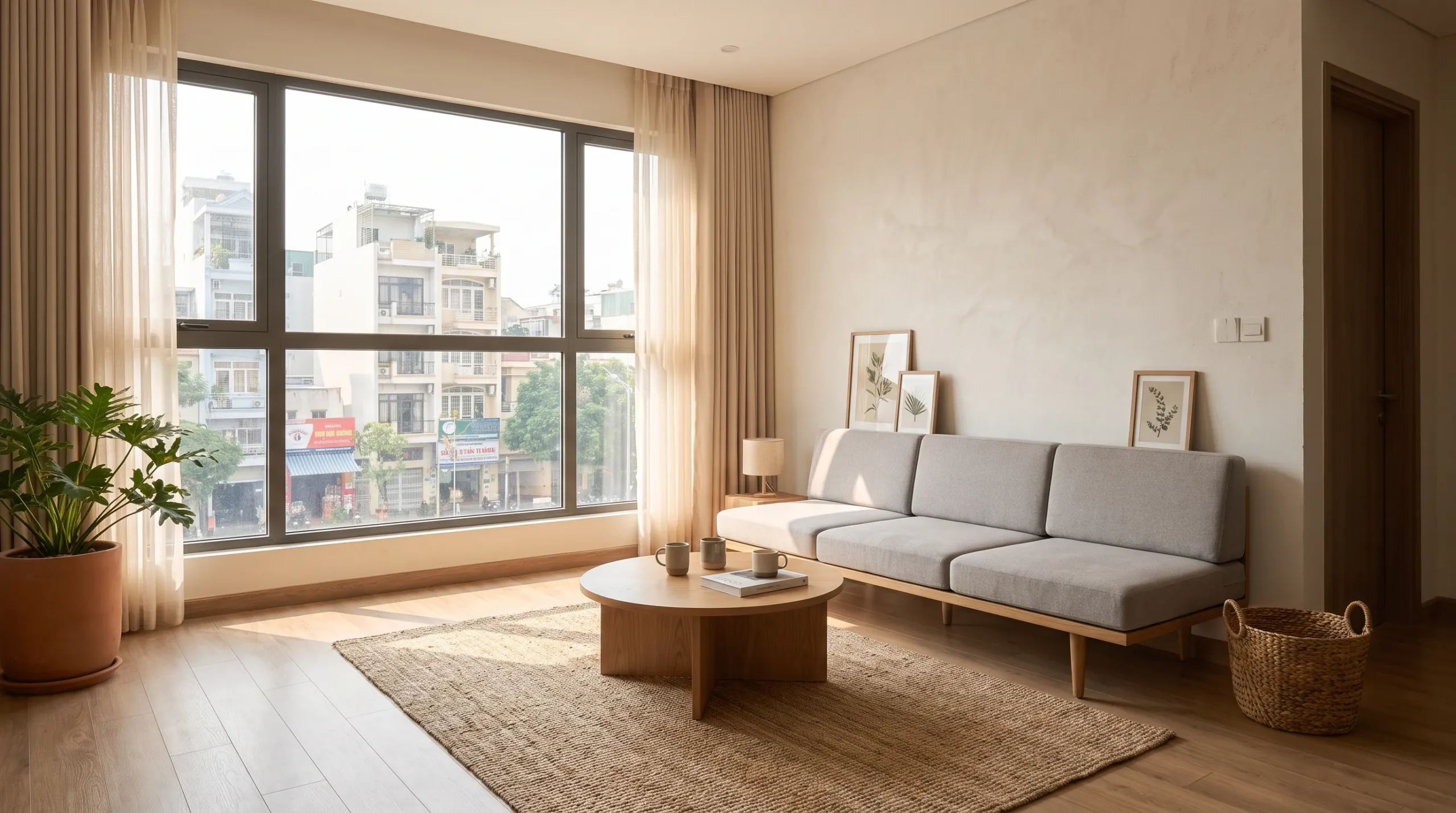 Phòng khách hiện đại với sofa băng 3 chỗ đúng kích thước