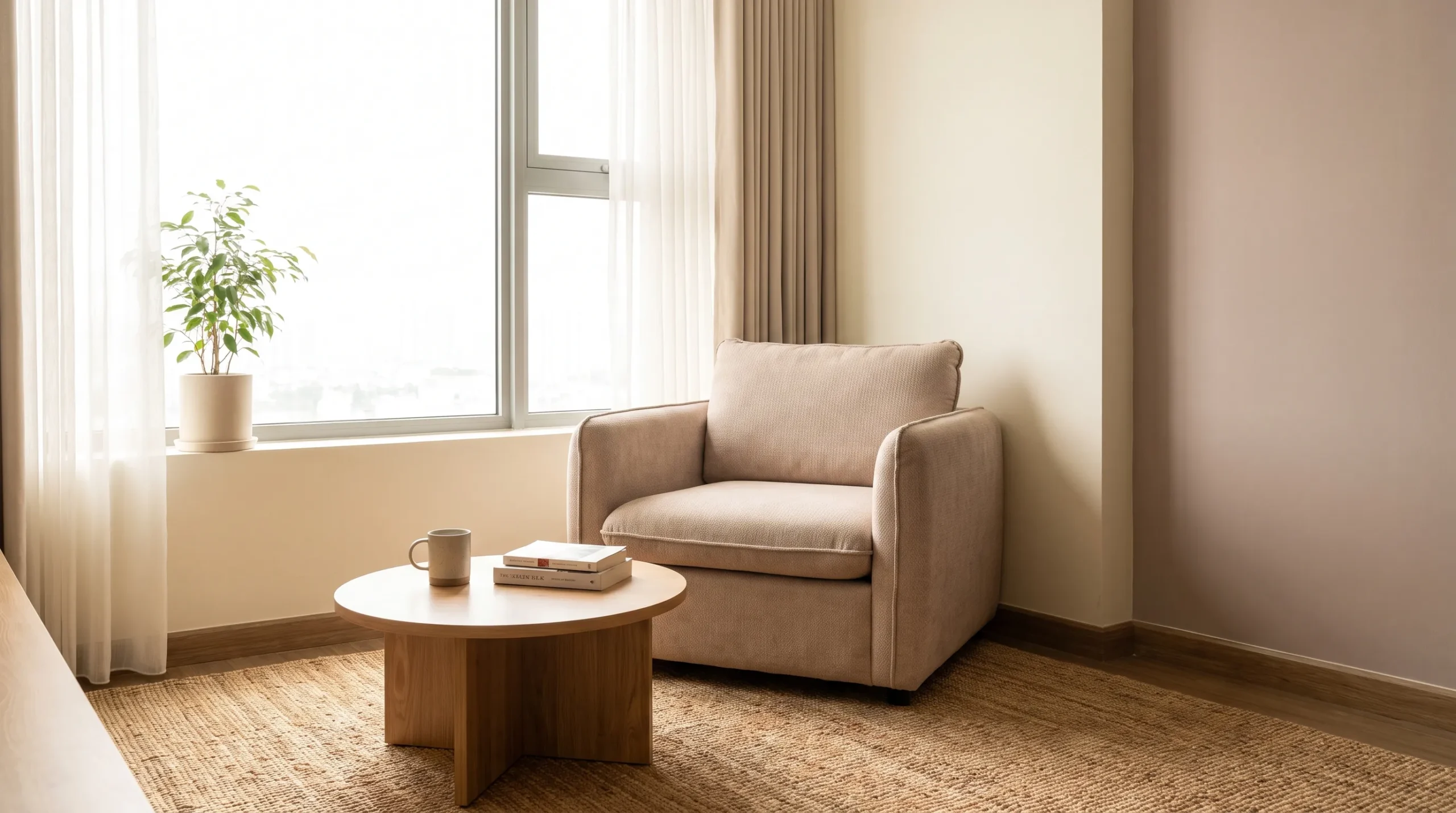 Ghế sofa đơn bọc vải đặt cạnh cửa sổ trong phòng khách căn hộ nhỏ