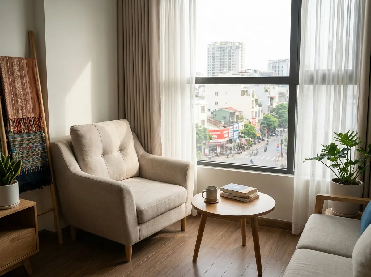Góc đọc sách với ghế sofa đơn, bàn trà nhỏ và khoảng hở sau lưng ghế