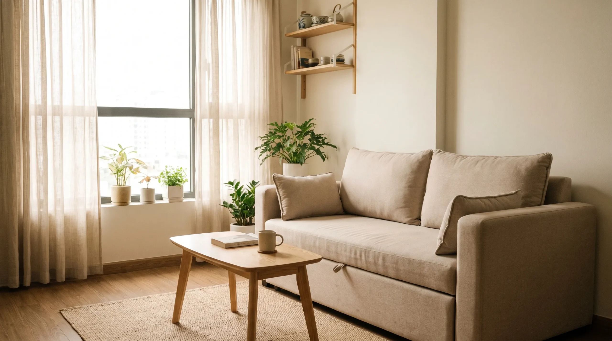 Sofa giường đặt trong phòng khách căn hộ nhỏ ánh sáng tự nhiên