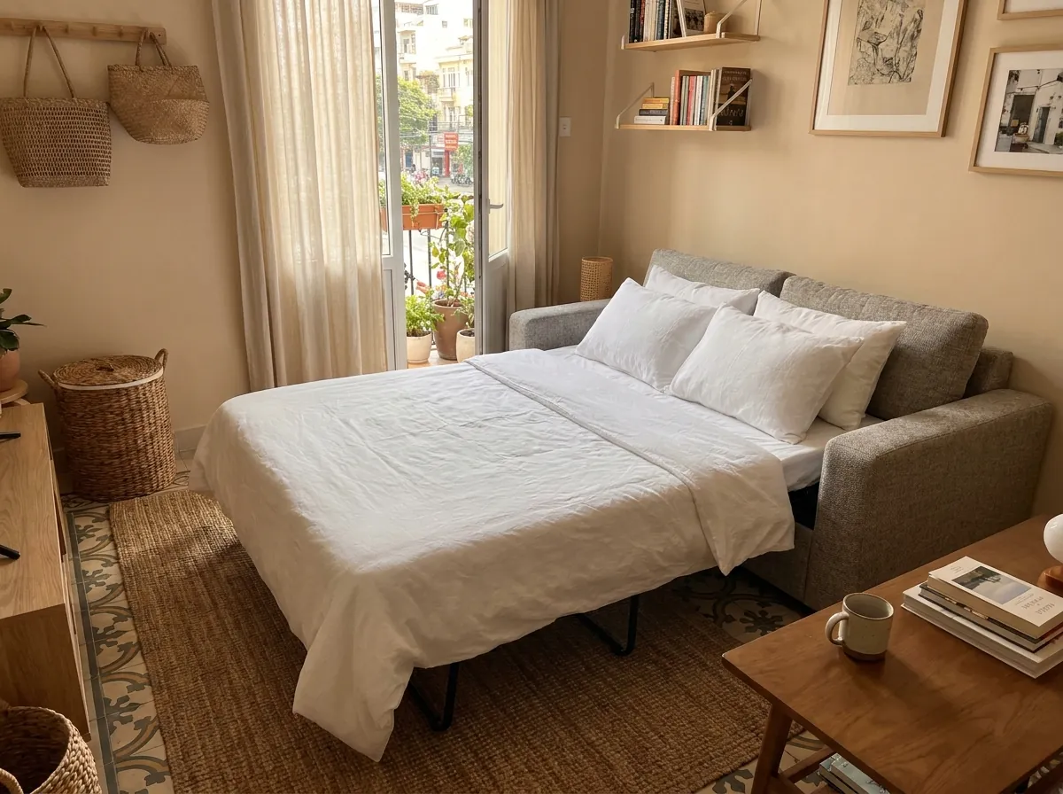 Sofa giường đã mở ra thành giường nằm trong căn hộ nhỏ